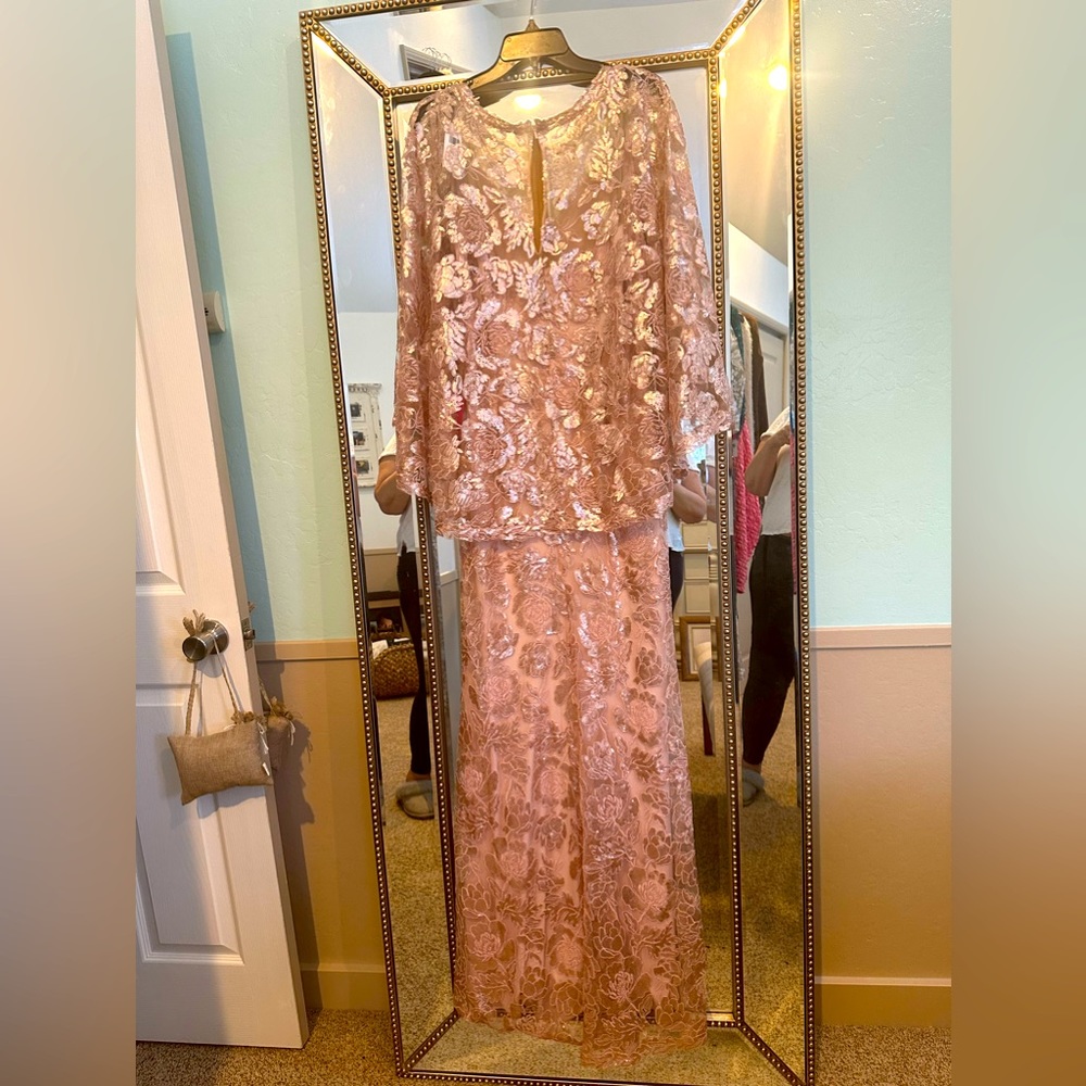 Tadashi Soji pink sequined gown.